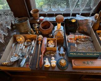 Silver Plate, Brass Figural Bells, Old Butter Mold, Beaded Handbag