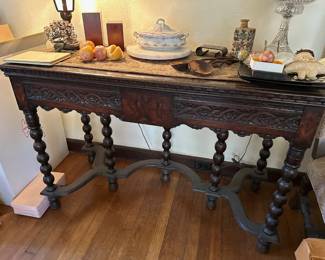 Antique Carved Table, Paintings, Lamps, Bookends