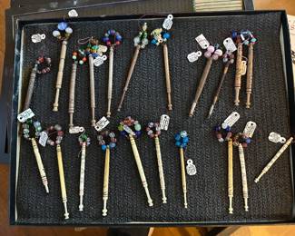 Lots of Antique Sewing Notions - Note the Dealer's Old Price Tags & Descriptions - Lace Bobbins w/ Venetian Beads
