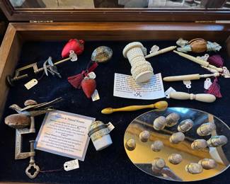 Lots of Antique Sewing Notions - Note the Dealer's Old Price Tags & Descriptions - Thimbles & Cases, Emeries, Thread Waxers, Glove Darners, Needle Cases