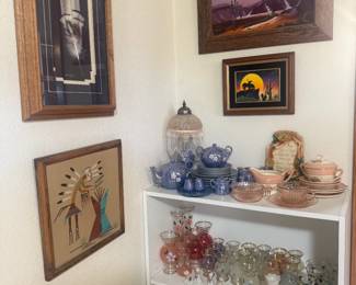 Vintage Glassware, Depression Glass, Western and Southwest Art, Beaded lamps