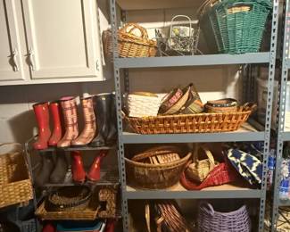 Vintage Baskets, garden boots