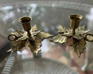 Vintage Brass Holly Candleholders