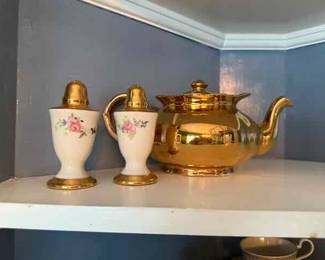 Vintage Gold tea pot and salt and pepper shakers