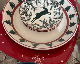 Christmas platter, reindeer plates, Large flat serving bowl, and pretty blue soup bowls.