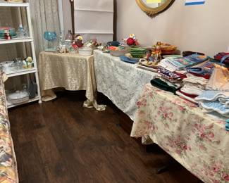 Homemade items, glassware, household items, fine dining, colorful glassware, and entertaining items.