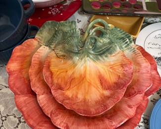 Matching serving bowls, Christmas platter, reindeer plates, Large flat serving bowl, and pretty blue soup bowls.