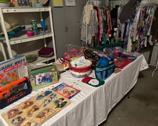 Outdoor serving items, kids garden sets, lots of Valentines napkins, plates and cups, some Easter left.