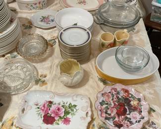 Lenox small vases, rose print dishes and platter, flower plates and bowls.