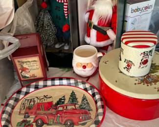 Vintage Christmas items, tins, stockings and small stocking stuffers.