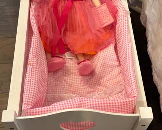 Wooden Doll bunk bed with pink gingham bedding. Pinkalicious doll.