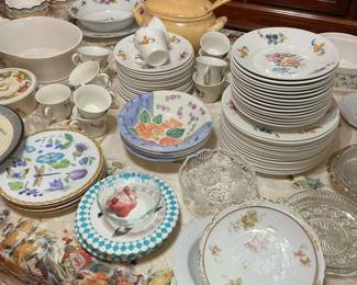 Plate sets, clear glass, serving pieces, china and serving pieces as well as, fine dining pieces and a soup tureen.