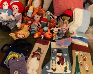 Home-handmade items, Purses, small animals, key chains, Raggedy Ann & Andy, hats, and hen.