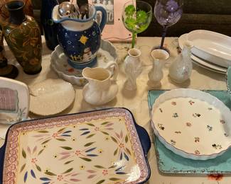 Lenox vases, quiche serving plates, cookware, ivory small platters, and plastic matching large bowl and large Temptations rectangle oven safe platter.