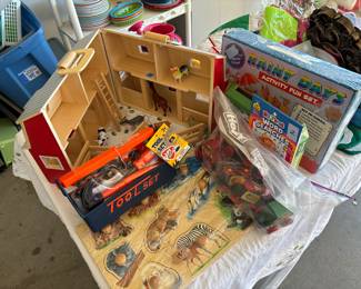 Kids toys, large wood puzzle, box of puzzles, new toolbox, new boxed activities, wooden toy trains and words search book for kids.