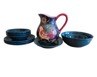 Lovely Rooster Pitcher and Teal Dinnerware