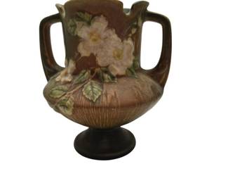 Roseville Pottery White Rose Double Handled Vase in the Green Brown Color Scheme