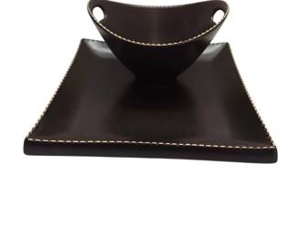 Brown Italian Stitch Serving Tray and Bowl