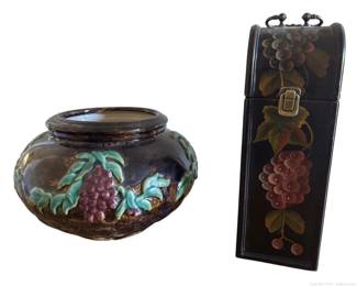 Majolica Pottery Planter Vase and Wood Wine Bottle Box