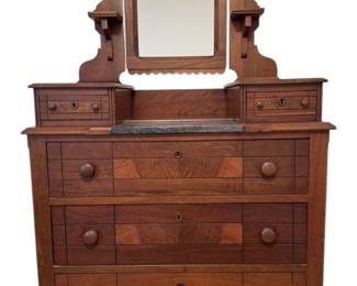 Antique Vanity Dresser on Casters with Marble Top and Mirror