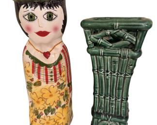 Ceramic Vase Designed by Susan Paley for Bella Casa by Ganz Daisy and Ceramic Crackle Glaze Faux Bamboo Vase