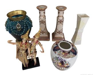 Thai Dancers Belleek Diamond Pattern Bud Vase Adore Beaded Glass and Brass Vase Bridgerton Style Honey Bee Candlesticks Japanese Imari Ware Vase