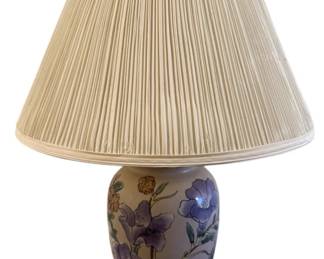 Brass and Ceramic Floral Table Lamp with Pleated Shade