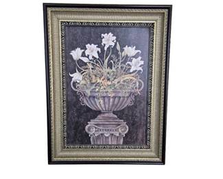 Framed Piece of Wall Art Depicting White Lilies in a Decorative Urn