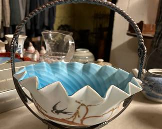 Brides Bowl Quadra-plate handled holder. Blue & White Satin Cased Art Glass, 4.25" x 10.5", Swirl Design Interior, Bird And Branch