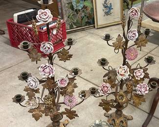 19TH CENTURY FRENCH CHURCH CANDELABRA and an Amphora ceramic bowl with handle