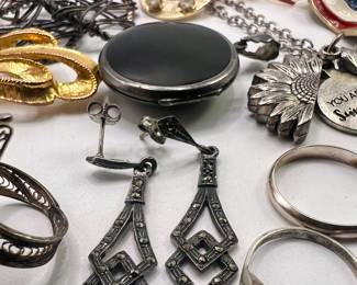 Art Deco Sterling Silver Marcasite Dangle Drop Earrings. Vintage Sterling Silver Onyx Locket Pendant. 