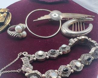 Art Deco Sterling Silver Slide Charm Bracelet with Onyx & Mother of Pearl. 