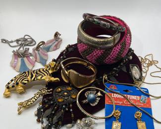 Lee Sands Jewelry, Saks Fifth Avenue Pink Bead Bangle Bracelet, Looney Toons Earrings, Art Deco Vermeil Clamper Bracelet