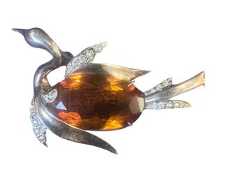 1940s Sterling Silver Bird Brooch Modernist Style with Faceted Topaz Glass & Pave Crystals. 
