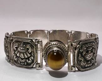 Sterling Silver Repousse Panel Bracelet with Tiger’s Eye - Nepal Artisan