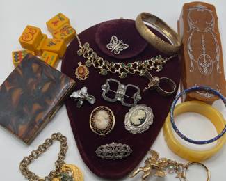 Art Deco Sterling Silver Brooches, Shell Cameos, Bakelite, Vintage Faux Tortoise Cigarette Case, Bakelite Bangle, Cloisonné Bangle