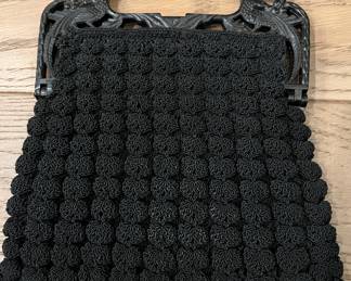 Vintage 1930's-1940's Art Deco Black Popcorn Crochet w Black Peacock Handles