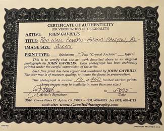 COA Art Red Wall Cavern Grand Canyon AZ 13/450 by John Gavrilis Image Size 20 x 25