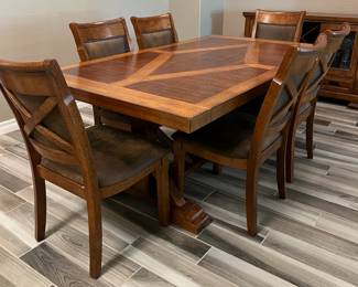 Raymour & Flanigan Soleste Trestle Table w 6 Dining Chairs