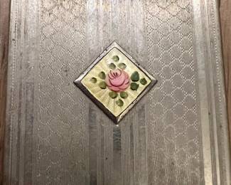 Vintage Powder Mirror Compact Rose Enamel Guilloche