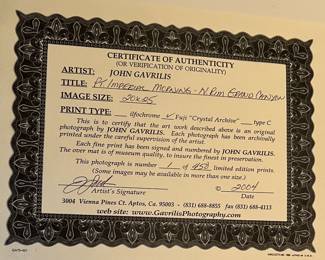 COA Art Imperial Morning North Rim Grand Canyon AZ 1/450 by John Gavrilis Inmage Size 20 x 25