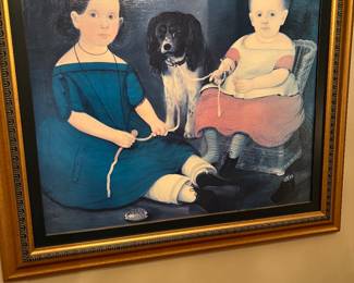 Oil painting two girls and spaniel