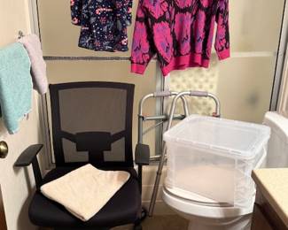 Office chair, walker, plastic bucket, towels, some sweaters