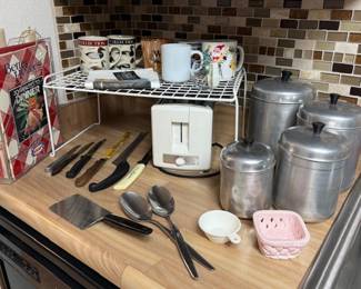 Metal canister vintage set, toaster, cookbooks and mugs