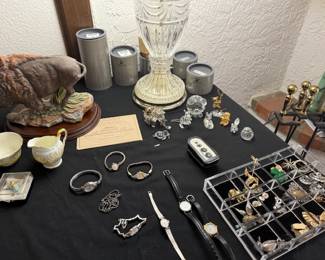 Misc costume jewelry and watches, crystal lamp, buffalo decoration