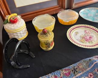 Pyrex, metal horseshoe napkin holder, plates