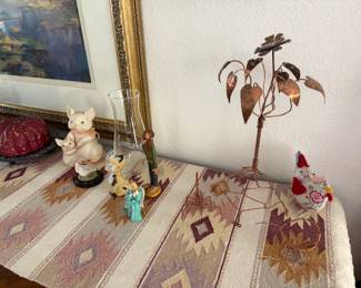 Small scorpion and tree copper metal sculptures, small pig nic nags...Indian table top runner
