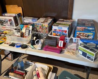 Puzzles R Us, envelopes, office items, elec strip plug, weights, batteries