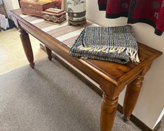 Matching sofa table to dining table, throw, Indian runner, Oriental vase, small boxes