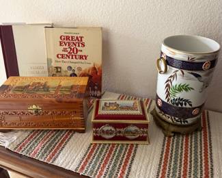 Oriental base, wood and metal boxes, runner